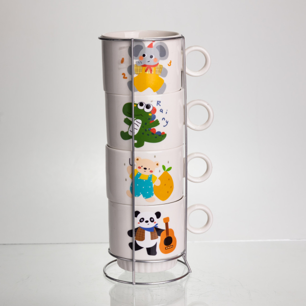Набір порцелянових чашок для дітей на металевій підставці Animals 4 (шт) по 300 (мл) подарунковий набір чашок FM-8 - фото №2