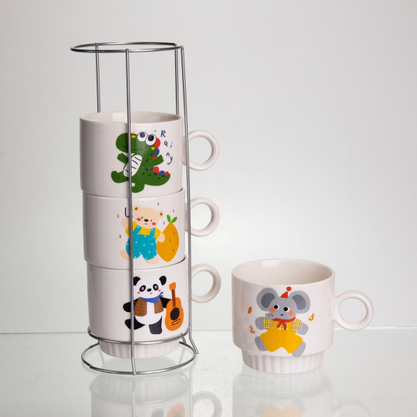 Набір порцелянових чашок для дітей на металевій підставці Animals 4 (шт) по 300 (мл) подарунковий набір чашок FM-8 - фото №3
