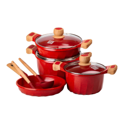 Набір посуду, 3 каструлі, товстодонне алюмінієве дно MGC з лопаткою та ополоником, червоний HP-4-401R