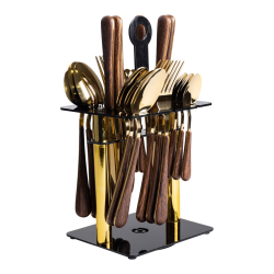 Набір столових приборів на 6 персон з дерев'яними ручками на підставці столові прибори 24 шт Золото HP-20-2