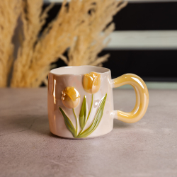 Новорічна порцелянова чашка для чаю та кави "Ніжний Тюльпан" з 3D-декором 400 мл, святкова кружка чашка на подарунок Помаранчевий FM-40B