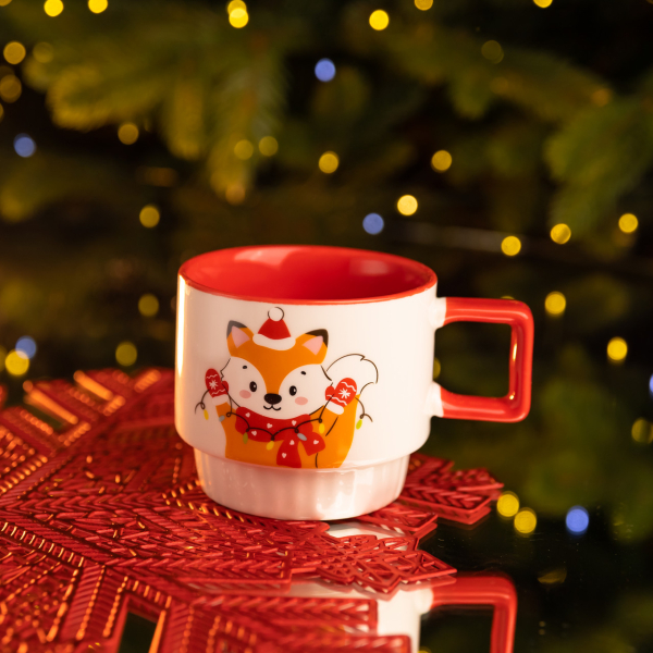 Новорічна порцелянова Новорічна лисиця 400 (мл) Біла з червоним Yiwu FM-CS-50L - фото
