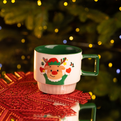 Новорічна порцелянова Новорічний олень 400 (мл) Біла з зеленим Yiwu FM-CS-50O - фото