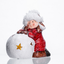 Новорічна фігурка з підсвіткою Дівчинка зі сніговою кулею з фарфори 12×7×12 (см) новорічний декор для дому на подарунок Червоний CR-5-11