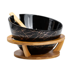 Салатниця на бамбуковій підставці з ложкою Ø 25 см чорна HP1245
