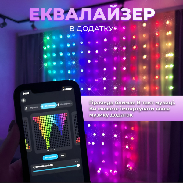 Розумна гірлянда Smart штора 400 LED 3*3 м з керуванням зі смартфона, мультиколор W006SH - фото №2