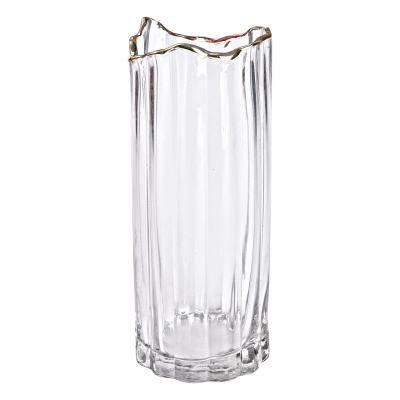 Декоративна скляна ваза для квітів, 10 x 10 x 24,5 см з золотою окантовкою HP-1712 - фото