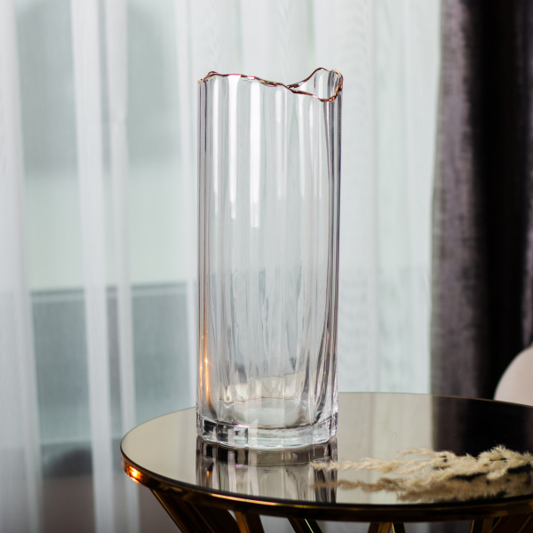Декоративна скляна ваза для квітів, 10 x 10 x 24,5 см з золотою окантовкою HP-1712 - фото №5