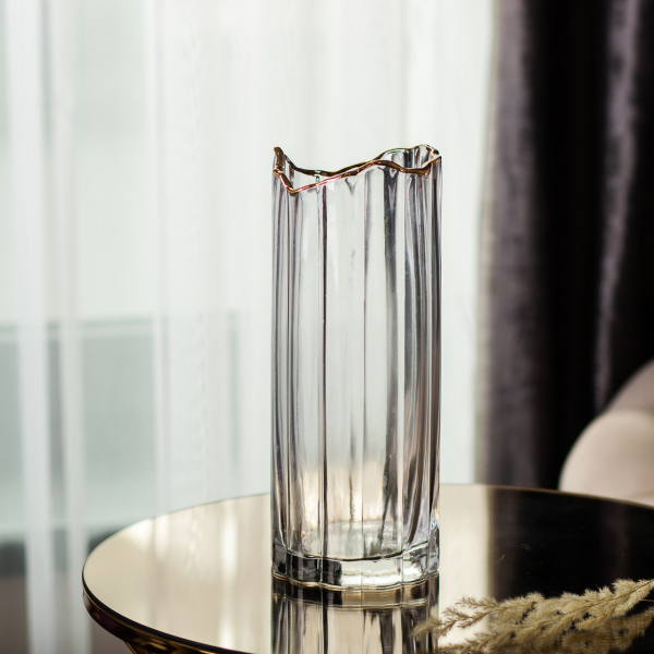 Декоративна ваза із прозорого скла із золотим обідком 29,5 см HP-1716 - фото №4
