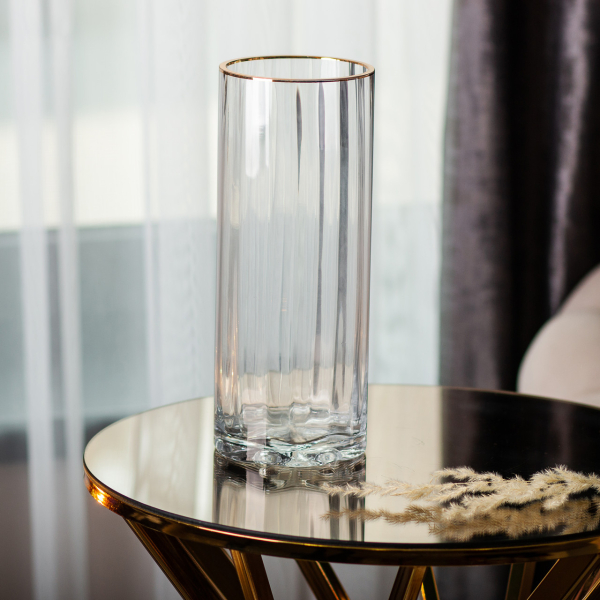 Декоративна ваза для квітів із прозорого скла із золотою окантовкою 25 см HP-1707 - фото №3