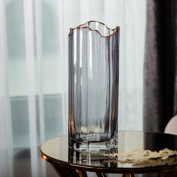 Скляна ваза для квітів, декоративна, сіра із золотою окантовкою, 30 см HP-1717 - фото №4