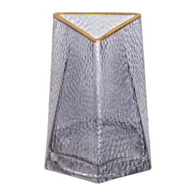 Скляна ваза для квітів, декоративна, трикутна, 15,5 см, сіра із золотою окантовкою HP-1711 - фото