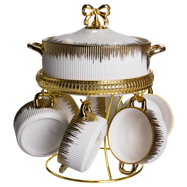 Суповий сервіз на 6 персон супниця 2 (л) на підставці з бульйонницями 400 (мл) тарілки для супу Білий із золотом FM-A23-2 - фото №3
