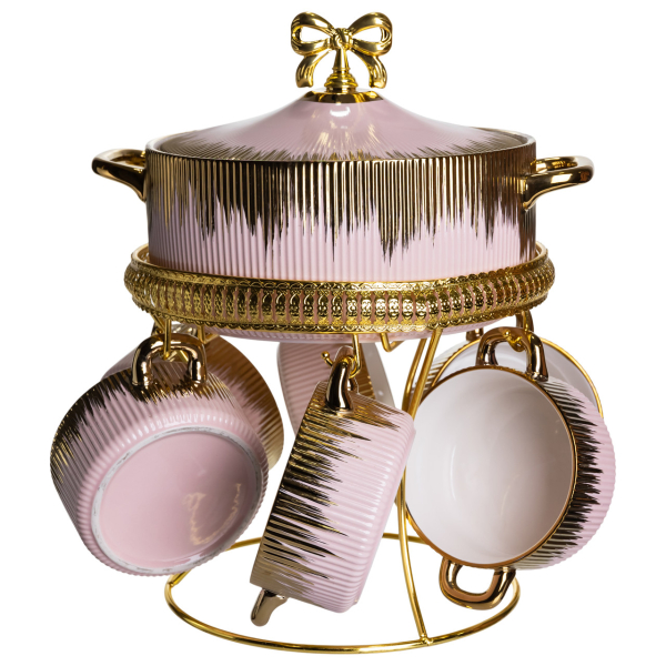 Суповий сервіз на 6 персон супниця 2 (л) на підставці з бульйонницями 400 (мл) тарілки для супу Рожевий з золотом FM-A23-5 - фото №2