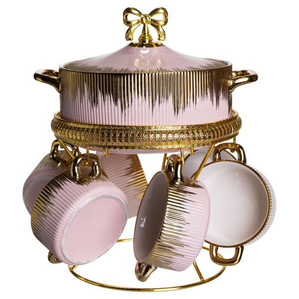 Суповий сервіз на 6 персон супниця 2 (л) на підставці з бульйонницями 400 (мл) тарілки для супу Рожевий з золотом FM-A23-5 - фото №3