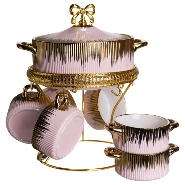 Суповий сервіз на 6 персон супниця 2 (л) на підставці з бульйонницями 400 (мл) тарілки для супу Рожевий з золотом FM-A23-5 - фото №4