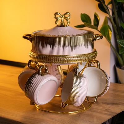 Суповий сервіз на 6 персон супниця 2 (л) на підставці з бульйонницями 400 (мл) тарілки для супу Рожевий з золотом FM-A23-5 - фото