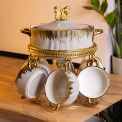 Суповий сервіз на 6 персон супниця 2 (л) на підставці з бульйонницями 400 (мл) тарілки для супу Сірий з золотом FM-A23-6