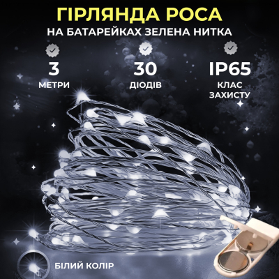 Світлодіодна гірлянда Роса 3 метри на батарейках 30 led нитка на білому дроті біла 30L3MWW - фото