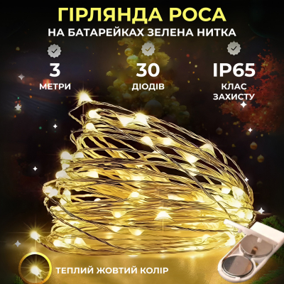 Світлодіодна гірлянда Роса 3 метри на батарейках 30 led нитка на білому дроті жовта 30L3MWY - фото