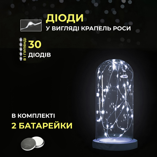 Світлодіодна гірлянда Роса 3 метри на батарейках 30 led нитка на зеленому дроті біла 30L3MGW - фото №4