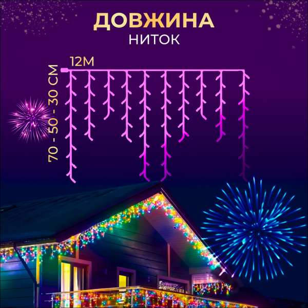 Вулична гірлянда бахрома 12(м) 200 led світлодіодів зовнішня мультиколор чорний дріт 12MBML - фото №2
