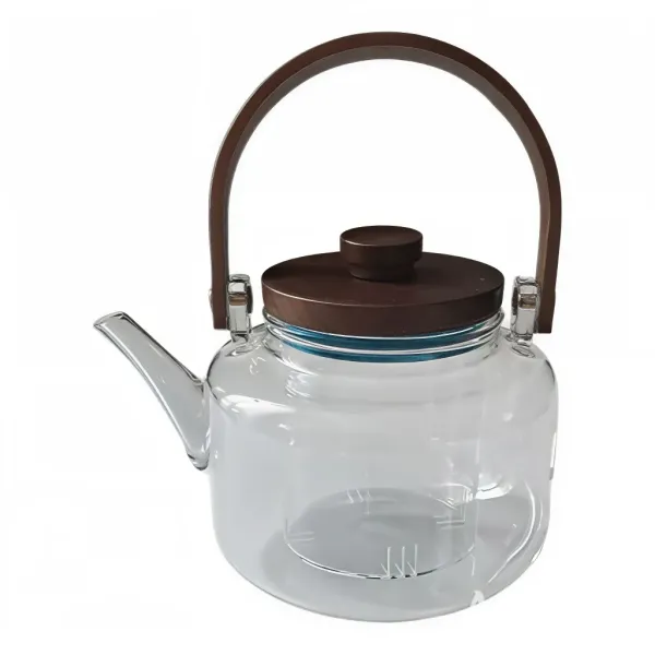 Заварник скляний для чаю 0.8 л Заварний чайник для заварювання з дерев'яною ручкою прозорий HP-34-38 - фото